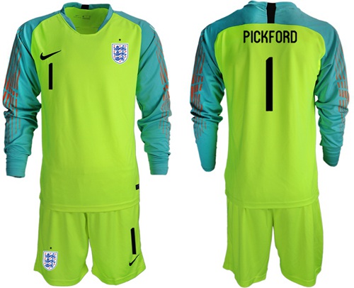 England #1 Pickford Shiny Green Long Sleeves Goalkeeper Soccer Country Jersey